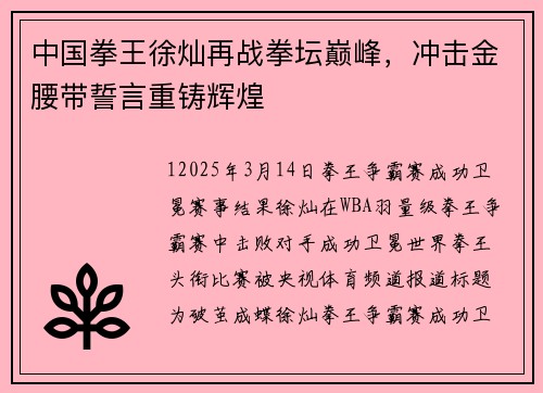 中国拳王徐灿再战拳坛巅峰，冲击金腰带誓言重铸辉煌